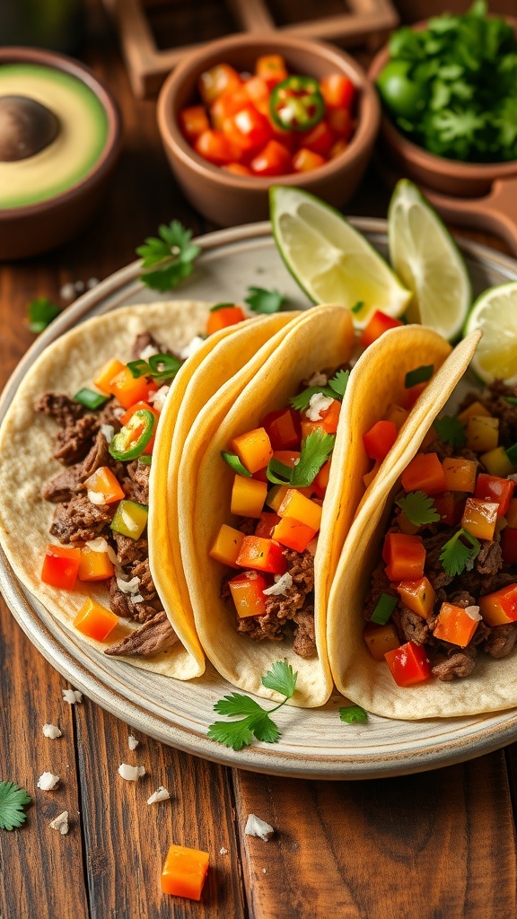 Spicy beef tacos topped with fresh salsa and avocado, served on a rustic wooden table.